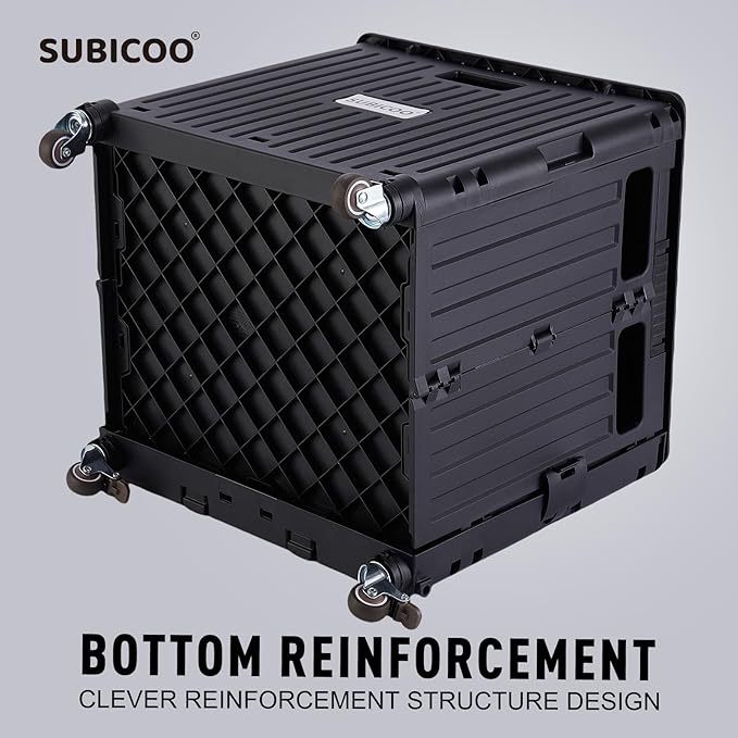 Folding Utility Cart Portable Rolling Crate Handcart Shopping Trolley Collapsible Tool Box, with Lid, on 4 Rotate Wheels, for Grocery, Shopping, Office, Teacher, Camp(Black)