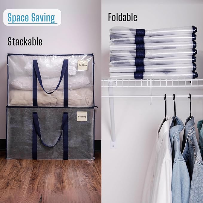 VENO 10 Pack Moving and Storage Bags, Heavy Duty, Alternative to Moving Boxes, Large Packing Totes Supplies for College Dorm Room with Zipper for Clothes, Wide Open Design (Clear, 10 Pack)