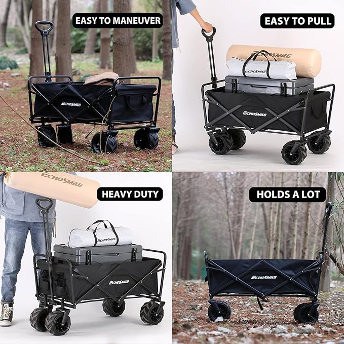 EchoSmile Heavy Duty 350 Lbs Capacity Collapsible Wagon, Outdoor Folding Camping Wagons, Grocery Portable Utility Cart, Adjustable Rolling Carts, All Terrain Sports Wagon with Big Wheels by Boahaus