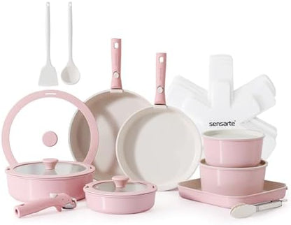 SENSARTE 24 Piece Ceramic Detachable Handle Pots and Pans Set Pink