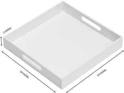 Glossy White Sturdy Acrylic Serving Tray with Handles-14x14Inch-Serving Coffee,Appetizer,Breakfast,Butler-Kitchen Countertop Tray-Makeup Drawer Organizer-Vanity Table-Ottoman Tray