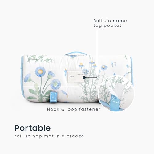 Wake In Cloud - Toddler Nap Mat with Pillow and Blanket, 100% Cotton Fabric, for Kids Girls Ages 3 Plus in Daycare Kindergarten Preschool, Sleeping Bag, Botanical Flowers