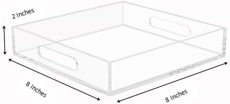 Clear Sturdy Acrylic Tray with Handles-8"x8"x2"H-Countertop Organizer Tray for Kitchen,Bathroom,Office- Storage Box for Cosmetics, Jewelry,Toiletries,Toy,Gadgets