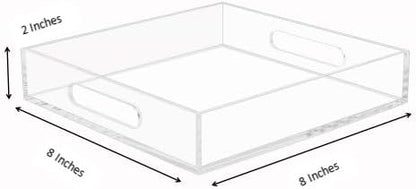Clear Sturdy Acrylic Tray with Handles-8"x8"x2"H-Countertop Organizer Tray for Kitchen,Bathroom,Office- Storage Box for Cosmetics, Jewelry,Toiletries,Toy,Gadgets