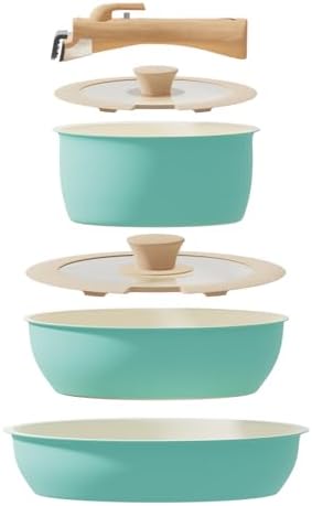 ShanSon 6 Pieces Kitchen Non-Stick Cookware Sets with Removable Handle, Stackable Pots and Pans Set Nonstick for Induction Gas RVs Camping Space Saving，Green