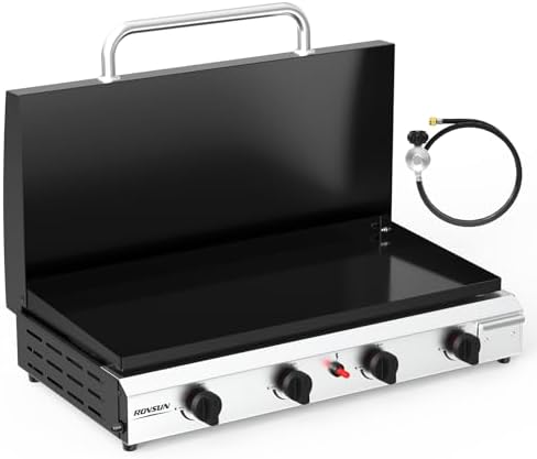 ROVSUN 4 Burner Portable Propane Griddle with Ignition & Regulator, 40,000 BTU Tabletop Flat Top Gas Grill with Enameled Tray & Lid for Outdoor Cooking Camping BBQ Tailgating Electronic