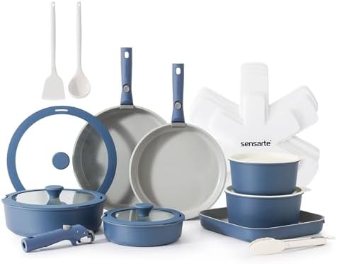 SENSARTE 24 Piece Ceramic Detachable Handle Pots and Pans Set Navy