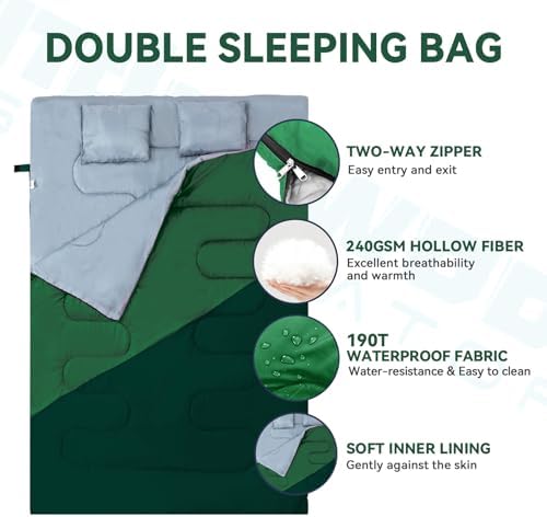 Double Sleeping Bag for Adults Kids, Lightweight 2 Person Sleeping Bag