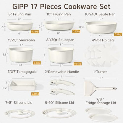 GIPP Pots and Pans Set Non Stick,Kitchen Cookware Set Detachable Handle, Non Toxic Cooking Pan Set with Frying Pans Set,RV Cookware Sets for All Stoves, Cream White, 17PCS