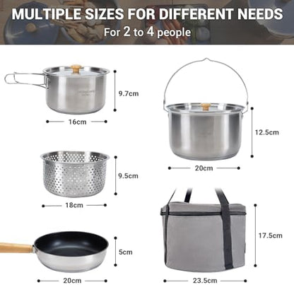 KingCamp Camping Cookware Set, 304 Stainless Steel Camping Pot for 4-6