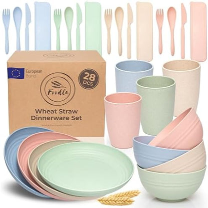 FOODLE Wheat Straw Dinnerware Set - Non-Toxic Kids Plates and Bowls Sets