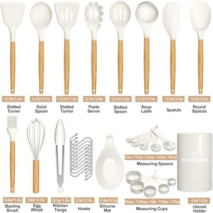 Umite Chef Kitchen Cooking Utensils Set, 33 pcs Non-stick Silicone Cooking Kitchen Utensils Spatula Set with Holder, Wooden Handle Silicone Kitchen Gadgets Utensil Set (Cream White)