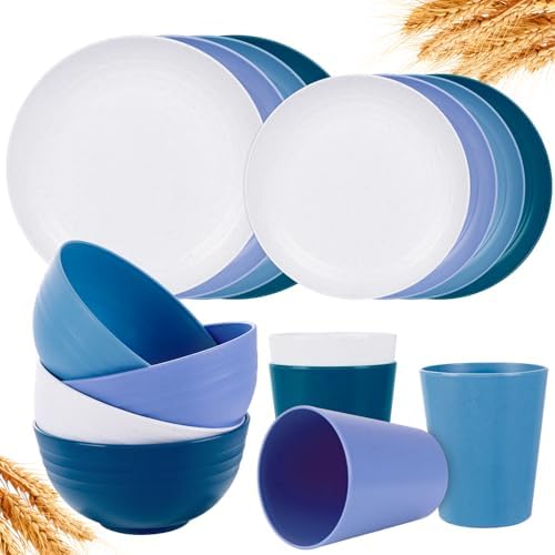 Rubtlamp 16pcs Wheat Straw Dinnerware Set, Unbreakable Plates And Bowls Sets of 4, Plastic Plates Set Reusable (Cold Four Colors) for Camping