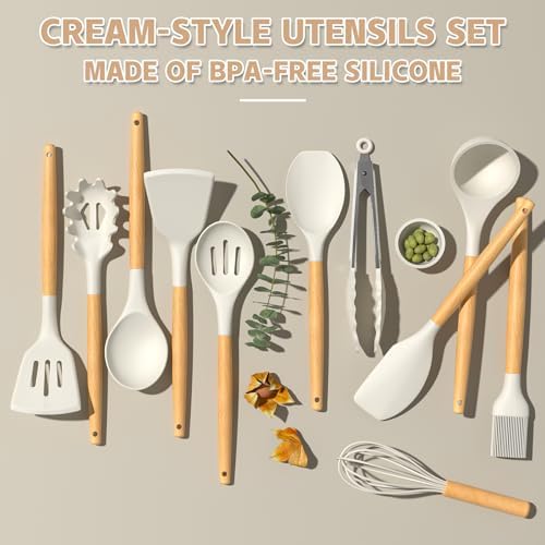 Umite Chef Kitchen Cooking Utensils Set, 33 pcs Non-stick Silicone Cooking Kitchen Utensils Spatula Set with Holder, Wooden Handle Silicone Kitchen Gadgets Utensil Set (Cream White)