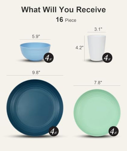 Quatish 16 Piece Plates and Bowl Set for 4, Dinnerware Dish Set for Kitchen