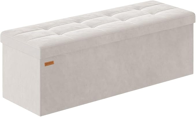 Folding Storage Ottoman, Velvet Storage Bench, Footrest, Removable Divider, for Living Room, Bedroom, 15 x 43 x 15 Inches, 660 lb Load Capacity, Cream White UASND02W