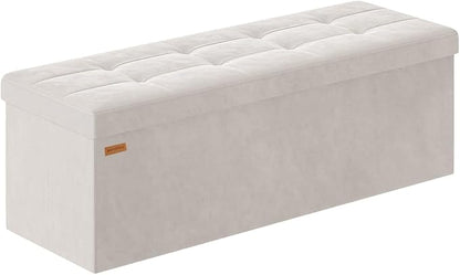 Folding Storage Ottoman, Velvet Storage Bench, Footrest, Removable Divider, for Living Room, Bedroom, 15 x 43 x 15 Inches, 660 lb Load Capacity, Cream White UASND02W