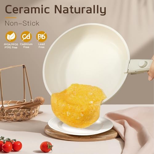 GIPP Pots and Pans Set Non Stick,Kitchen Cookware Set Detachable Handle, Non Toxic Cooking Pan Set with Frying Pans Set,RV Cookware Sets for All Stoves, Cream White, 17PCS