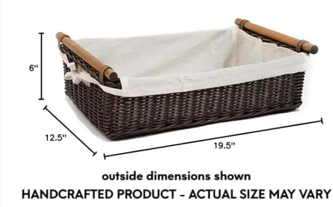 The Basket Lady Low Pole Handle Wicker Storage Basket, Large, 19.5 in L x 12.5 in W x 6 in H, Antique Walnut Brown