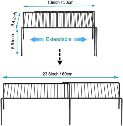 Kitchen Cabinet Expandable Shelf Organizers Set of 4, Adjustable Metal Wire Pantry Storage Shelves, Plate Dish Organizer Rack for Cabinets, Cupboard, Counter, Freezer, Countertop, Black
