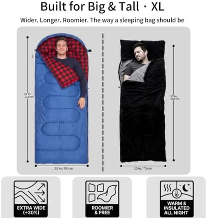 Winter Flannel Sleeping Bags XL for Big & Tall Adults, Cold Weather Camping