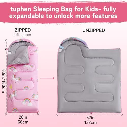 tuphen Kids Sleeping Bag - 50-77℉ 3-Season Waterproof Sleeping Bag for Boys & Girls, Lightweight 2.2 lbs Camping Gear with Compression Bag Ideal for Camping, Hiking, Indoor