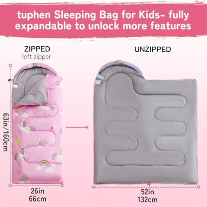 tuphen Kids Sleeping Bag - 50-77℉ 3-Season Waterproof Sleeping Bag for Boys & Girls, Lightweight 2.2 lbs Camping Gear with Compression Bag Ideal for Camping, Hiking, Indoor