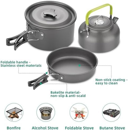18pcs Camping Cookware Kit, Nonstick Pots Pans and Kettle Set