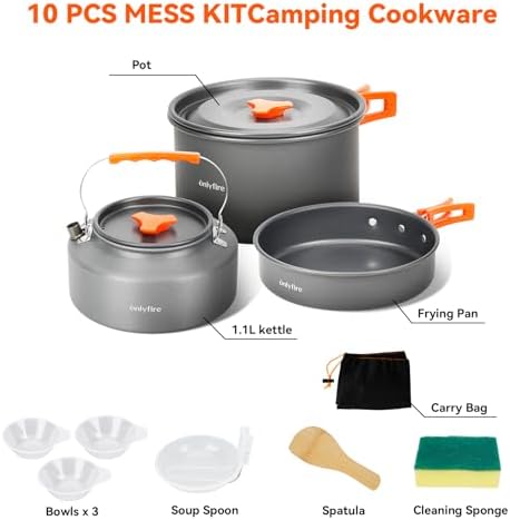 10pcs Camping Cookware Mess Kit, Outdoor Cooking Utensil Set, CT603