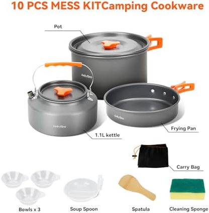 10pcs Camping Cookware Mess Kit, Outdoor Cooking Utensil Set, CT603