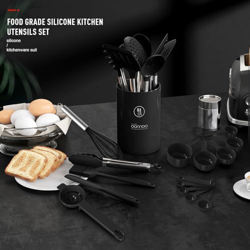 oannao Large Silicone Cooking Utensils Set - Heat Resistant Kitchen Utensils Sets,Spatula,Spoon,Turner Tongs,Whisk,Stainless Steel Cooking Utensil for Nonstick Cookware Dishwasher Safe (Black)