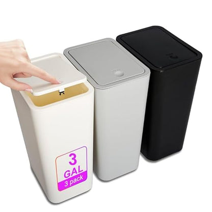N. NETDOT 3 Pack Small Trash Can with lid, 3 Gallon Bathroom Trash Can,Garbage Can Slim Trash Bin Waste Basket for Bathroom,Kitchen,Bedroom,Living Room,Office,Laundry - Off White,Black,Grey
