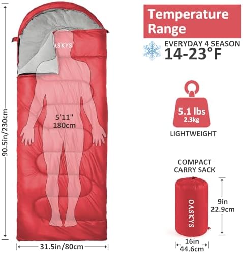 oaskys Camping Sleeping Bag - 3 Season Warm & Cool Weather - Summer Spring Fall Lightweight Waterproof for Adults Kids - Camping Essentials Gear Accessories Hiking Sleep Must Haves