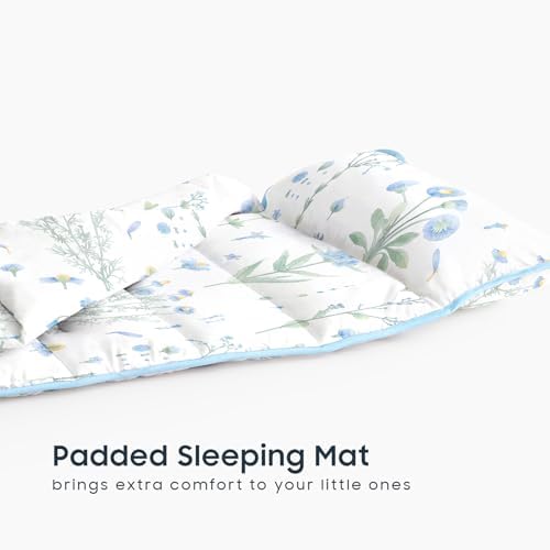Wake In Cloud - Toddler Nap Mat with Pillow and Blanket, 100% Cotton Fabric, for Kids Girls Ages 3 Plus in Daycare Kindergarten Preschool, Sleeping Bag, Botanical Flowers