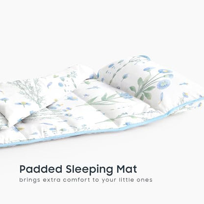 Wake In Cloud - Toddler Nap Mat with Pillow and Blanket, 100% Cotton Fabric, for Kids Girls Ages 3 Plus in Daycare Kindergarten Preschool, Sleeping Bag, Botanical Flowers