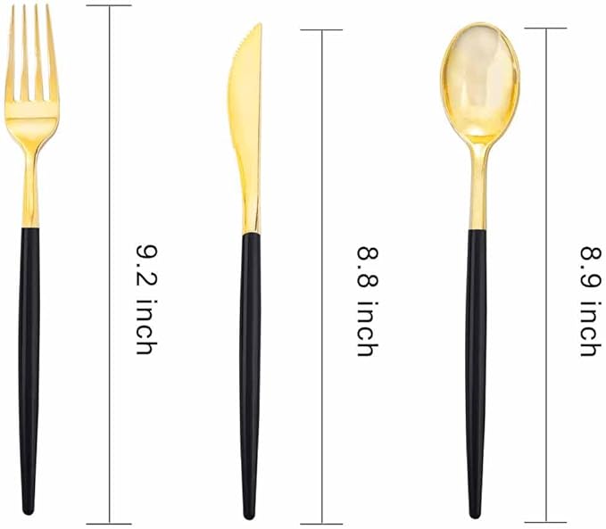 Rubtlamp 96 Pcs Gold Disposable Silverware, Plastic Cutlery, Gold Utensils Plastic with Black Handle Include 32Forks, 32Spoons, 32Knives for Party