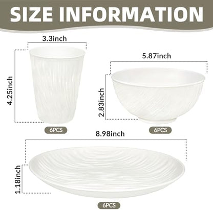 18pcs White Plastic PLates and Bowls Sets Heavy Duty includes Plastic Plates Reusable and Elegant Wheat Bowls and Rock-textured Design Cups for 6 People Outdoor Picnic,Camping Trip,Beach Day