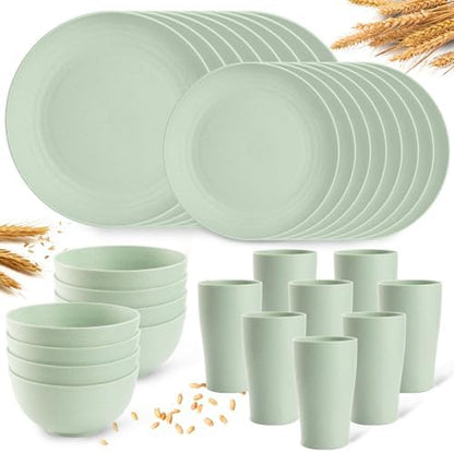 Camping Plates Cups and Bowls Set Green Reusable Microwave Safe Lightweight Unbreakable Plastic Dishes Set for Elderly Kitchen Adults Outdoor,32 Pcs Holiday Dinnerware Sets for 8