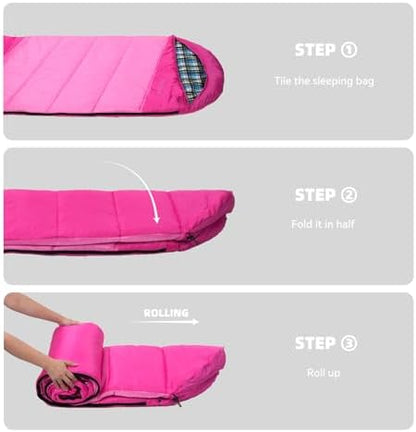 Cotton Flannel Lined Sleeping Bag for Adults Teens Kids, Cold Weather & Warm, 3 Seasons, Lightweight Compact Camping Essentials Equipment, Hiking, Outdoor, Travel