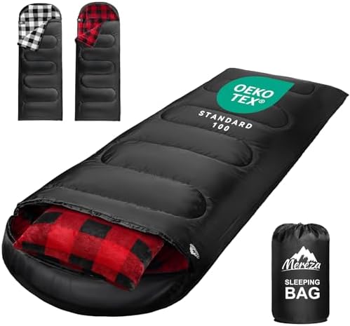 MEREZA Flannel Sleeping Bag for Adults Mens with Pillow, XL Cold Weather Sleeping Bag for 30 Degree 4 Season Camping Large Big and Tall Sleeping Bags with Compression Sack