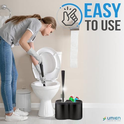 UMIEN 2 Pack Toilet Brush and Plunger Set 18-in - Updated 2025 No-Rust - Stainless Steel Design - Long Handles - with Freestanding Canister (Matte Black)