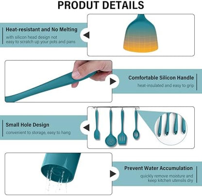 HaWare 11 PCS Silicone Cooking Utensils Set, Heat Resistant Kitchen Utensils with Holder, Food-grade Spatula Sets for Nonstick Cookware, Kitchen Tools Gadgets Include Fish Turner, Spoon (Blue)