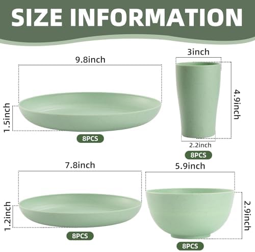 Camping Plates Cups and Bowls Set Green Reusable Microwave Safe Lightweight Unbreakable Plastic Dishes Set for Elderly Kitchen Adults Outdoor,32 Pcs Holiday Dinnerware Sets for 8