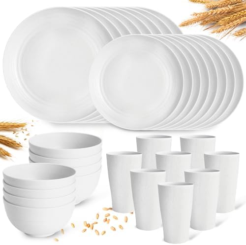 White Plate Set Dishes Set for 8 includes Dinner Plates,Pasta Bowls,Soup Bowls and Drinking Cups,Unbreakable White Dining Dishware Sets Microwave Dishwasher Safe For Kitchen Dorm Office Outdoor,32PCS