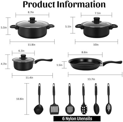 Non-Stick Cookware Set, Portable Lightweight Cast Iron Pots and Pans with Glass Lids and Nylon Utensils for Outdoor Camping Picnic Travel