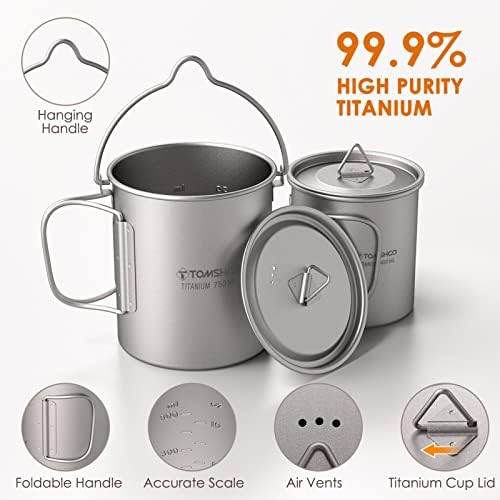 TOMSHOO 750ml Titanium Pot with Lid + 450ml Titanium Mug + Folding Spork