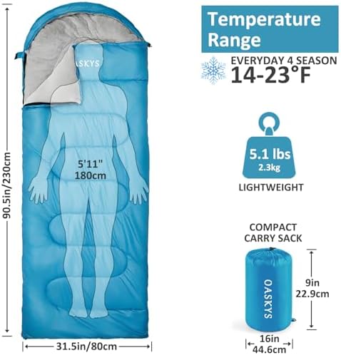 oaskys Camping Sleeping Bag - 3 Season Warm & Cool Weather - Summer Spring Fall Lightweight Waterproof for Adults Kids - Camping Essentials Gear Accessories Hiking Sleep Must Haves