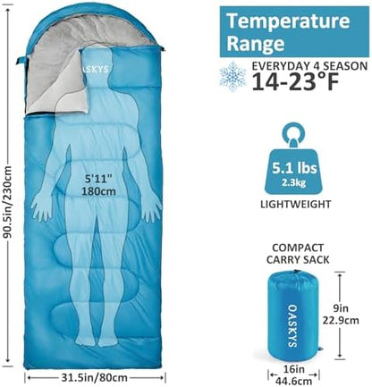 oaskys Camping Sleeping Bag - 3 Season Warm & Cool Weather - Summer Spring Fall Lightweight Waterproof for Adults Kids - Camping Essentials Gear Accessories Hiking Sleep Must Haves