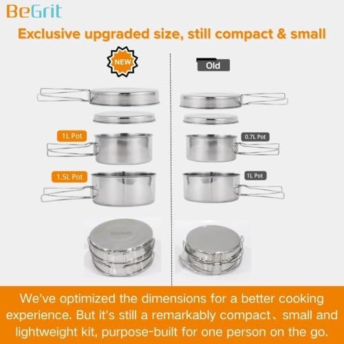 BeGrit Stainless Steel Camping Cookware Pot and Pan Set for Backpacking