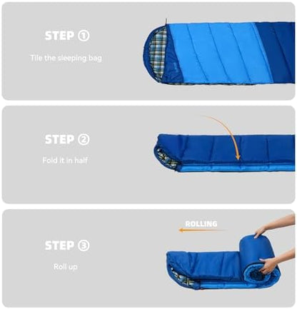 Cotton Flannel Lined Sleeping Bag for Adults Teens Kids, Cold Weather & Warm, 3 Seasons, Lightweight Compact Camping Essentials Equipment, Hiking, Outdoor, Travel